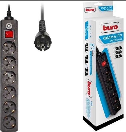 Удлинитель с сетевым фильтром 6х5м с заземл. 10А IP20 600SH-5-B 2.2кВт CCA черн. BURO 992278