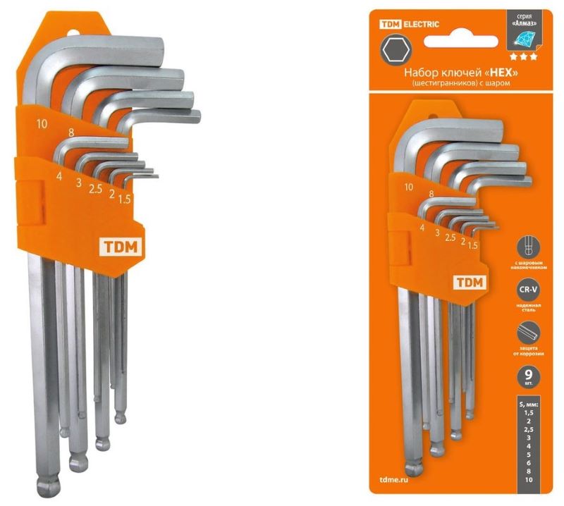 Набор ключей имбусовых TDM HEX (шестигранники), 9 штук. 1020-0104
