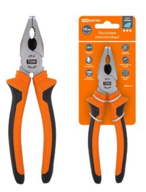 Пассатижи/плоскогубцы 180 мм с двухкомпонентными рукоятками, CR-V сталь, серия "Алмаз" TDM 1010-0202