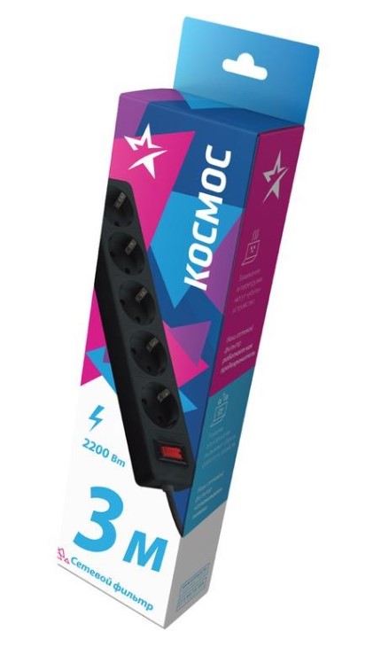 Удлинитель с сетевым фильтром 5х3м с заземл. 10А IP20 2.2кВт ПВС 3х0.75с индикатором сети (черный)