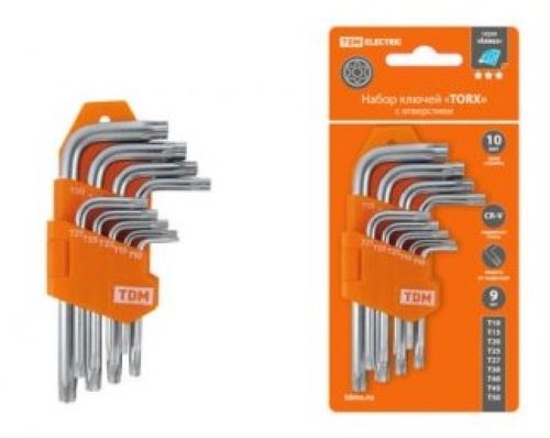 Набор ключей имбусовых TDM TORX (звездочки) с отверстием 9 шт Т10-Т50 1021-0102