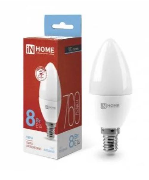 Лампа светодиодная LED-СВЕЧА-VC 8Вт свеча 230В E14 6500К 760лм IN HOME 4690612024806