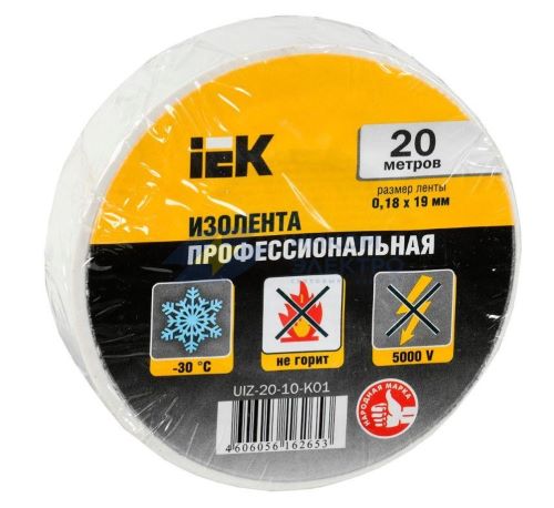 Изолента ПВХ 0.18х19мм бел. (рул.20м) IEK UIZ-20-10-K01