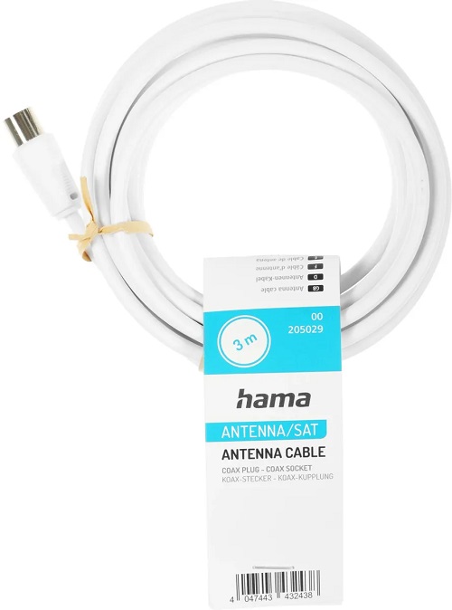 Кабель антенный HAMA H-205029, Coax (m) - Coax (f) , 75Ом, 3м, белый